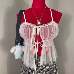 White Sheer Mesh Tie Front Coquette Feminine Layering Cami Tanktop Kfashion OS